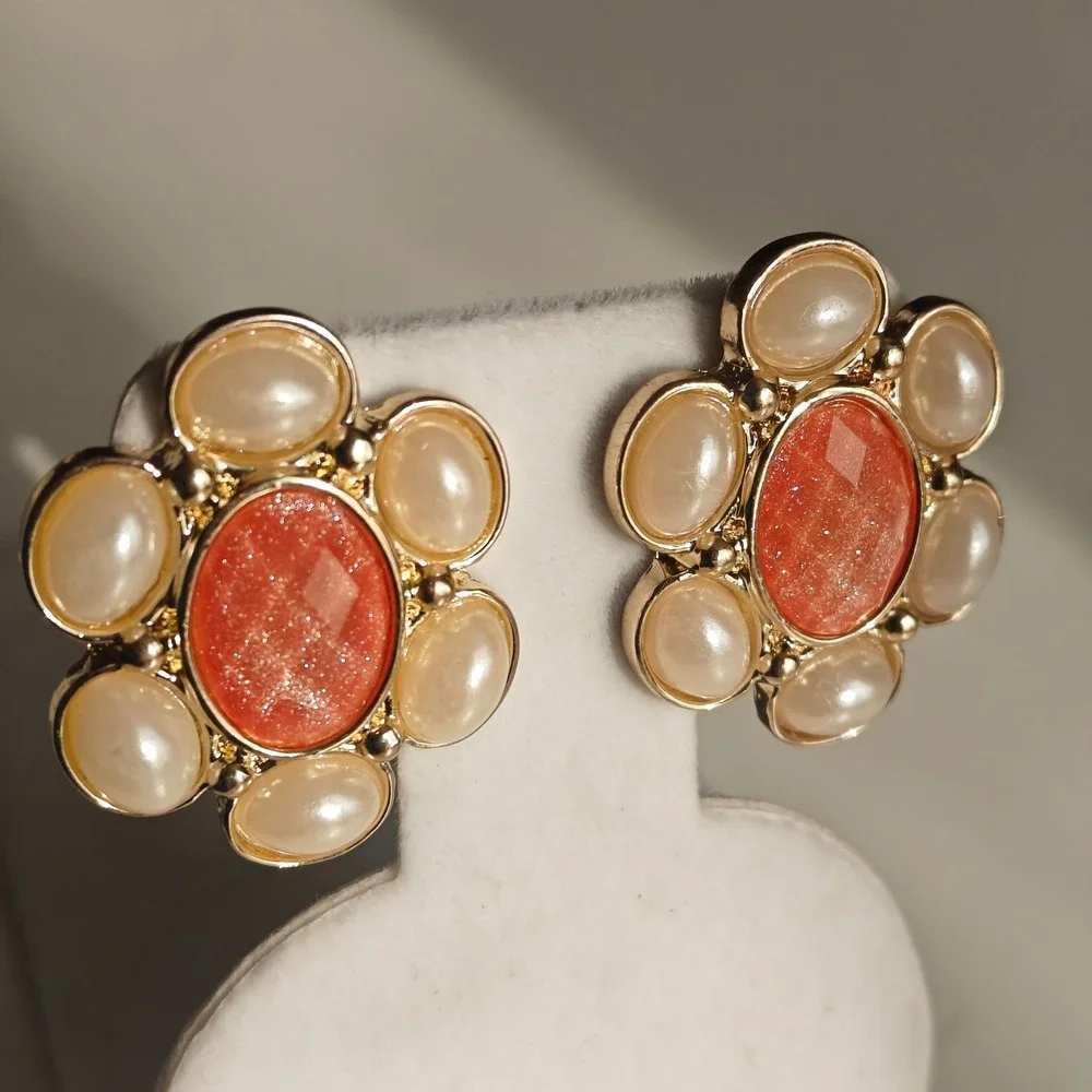 Floral Stud Earrings Gold Tone Coral Resin Faux Pearl Cabochon Statement Retro